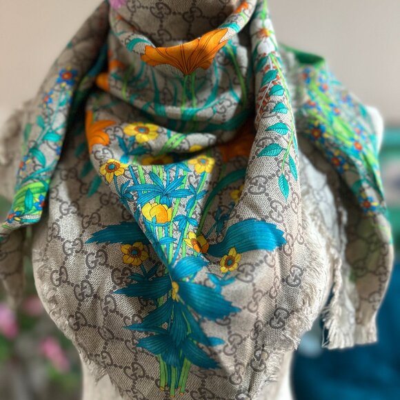 Gucci Modal Silk GG Monogram GG Tian Shawl Scarf Multi - Picture 8 of 9